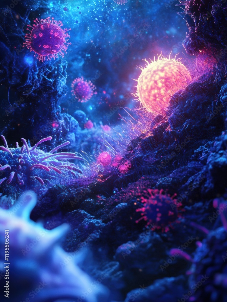 Poster glowing cell surrounded by menacing viruses in a vibrant microscopic environment at night. generativ