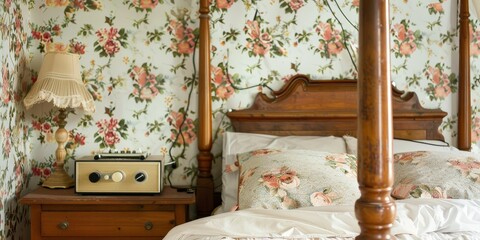 Cozy bedroom with floral wallpaper, a four-poster bed, and vintage radio.