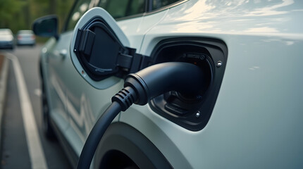 Close-up of electric car charging, eco-friendly transport concept.