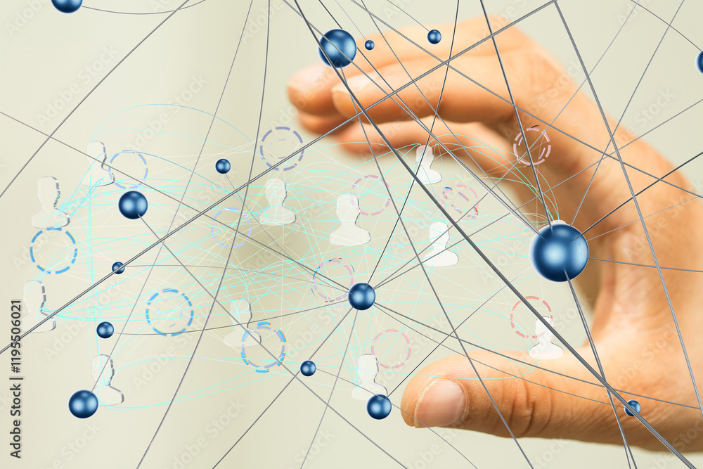 Poster Global network. Blockchain. 3D illustration. Neural networks and artificial intelligence. Abstract