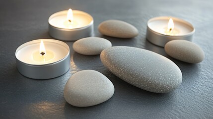 Serene Spa Scene- Candles and Smooth Stones on Dark Surface
