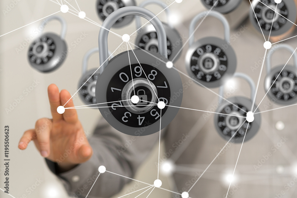 Poster Information technology protected with firewall, secure access and encryption against cyber