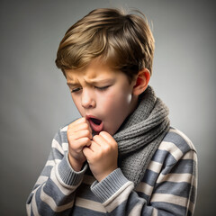 A young boy with tousled hair is yawning widely, dressed in a striped shirt and snug scarf. The soft gray background highlights his sleepy expression and relaxed demeanor