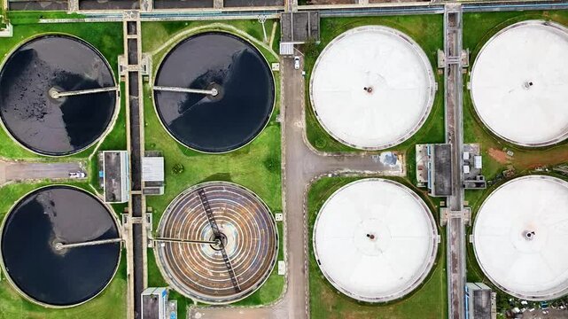 Aerial View of the S&atilde;o Bernardo do Campo Sewage Treatment Plant - Essential Urban Infrastructure in Brazil.