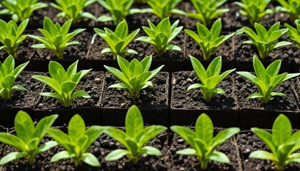 Obraz premium Young Green Seedlings in Rows of Soil