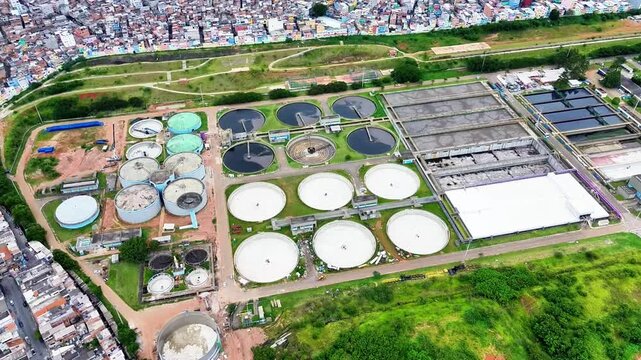 Aerial View of the S&atilde;o Bernardo do Campo Sewage Treatment Plant - Essential Urban Infrastructure in Brazil.
