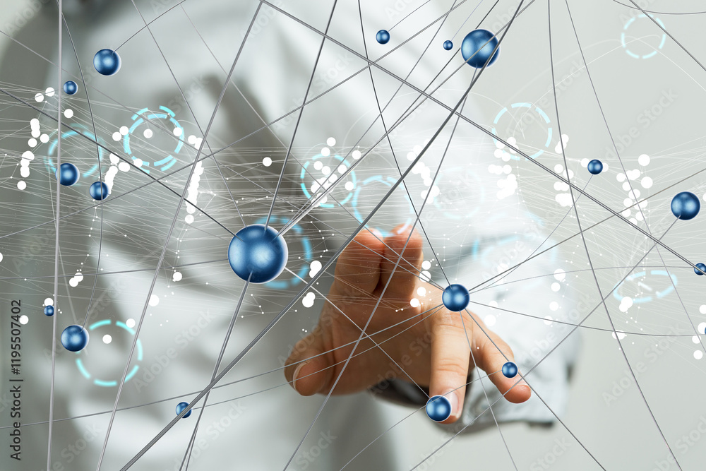 Poster Global network. Blockchain. 3D illustration. Neural networks and artificial intelligence. Abstract