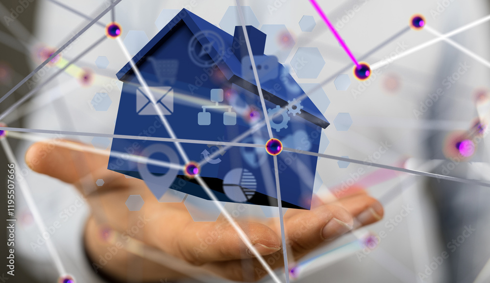 Poster home data. Digital cyberspace with particles and Digital data network connections concept. - 3d