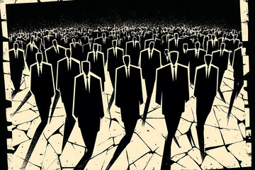 illustration of societal pressure, depicting human silhouettes burdened by heavy shapes and lines, symbolizing stress, conformity, and social expectations.