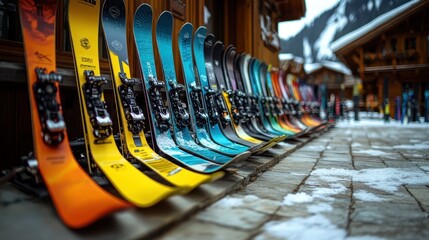 Colorful skis lined up outside a chalet.