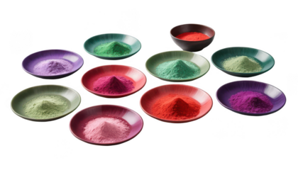 A collection of round plates, each with a single color of gulal powder—green, red, and violet—arranged in a balanced pattern, with powder lightly spilling over the edges, on a transparent background P