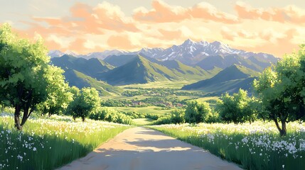 Serene Countryside Landscape with Mountain Sunset and Blooming Wildflowers