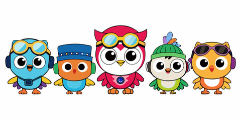 Cute Cartoon Owls with Aviator Goggles, Winter Hat, and Pirate Hat in Kawaii Style