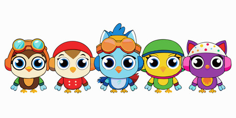 Cute Cartoon Owls with Aviator Goggles, Winter Hat, and Pirate Hat in Kawaii Style
