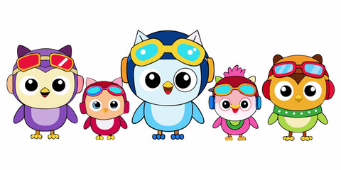 Cute Cartoon Owls with Aviator Goggles, Winter Hat, and Pirate Hat in Kawaii Style