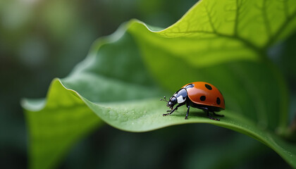 Fototapeta premium Ladybug crawling on green leaf in natural sunlight