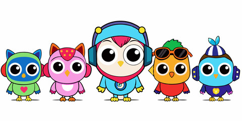 Cute Cartoon Owls with Aviator Goggles, Winter Hat, and Pirate Hat in Kawaii Style