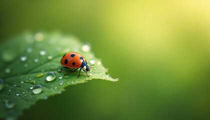Ladybug crawling on leaf with raindrops against green background