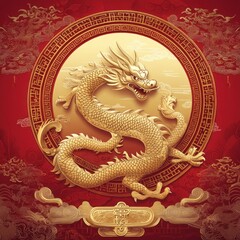 Fototapeta premium Golden Dragon, Chinese New Year, Red Background, Celebration, Lunar