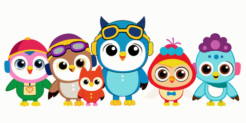 Cute Cartoon Owls with Aviator Goggles, Winter Hat, and Pirate Hat in Kawaii Style