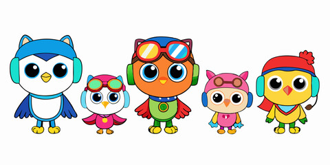 Cute Cartoon Owls with Aviator Goggles, Winter Hat, and Pirate Hat in Kawaii Style
