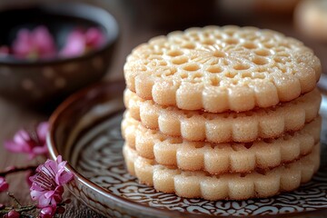 Deliciously Crafted Traditional Sweets Stacked on a Decorative Plate Surrounded by Cherry Blossom Petals and Cultural Accents in Warm Lighting