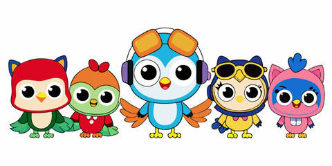 Cute Cartoon Owls with Aviator Goggles, Winter Hat, and Pirate Hat in Kawaii Style