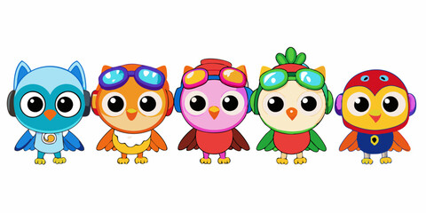 Cute Cartoon Owls with Aviator Goggles, Winter Hat, and Pirate Hat in Kawaii Style