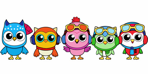 Cute Cartoon Owls with Aviator Goggles, Winter Hat, and Pirate Hat in Kawaii Style