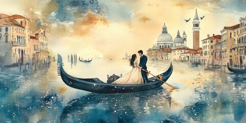 A couple in formal attire enjoys a serene gondola ride on a Venice canal at sunset, surrounded by beautiful historic architecture reflecting on the water