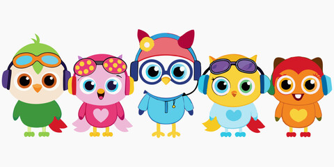 Cute Cartoon Owls with Aviator Goggles, Winter Hat, and Pirate Hat in Kawaii Style