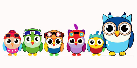 Cute Cartoon Owls with Aviator Goggles, Winter Hat, and Pirate Hat in Kawaii Style