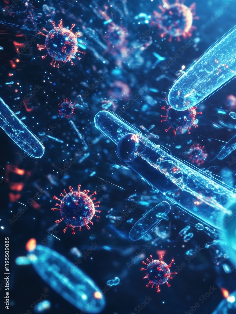 Poster visualization of antibodies targeting pathogens in a dynamic cellular environment. generative ai