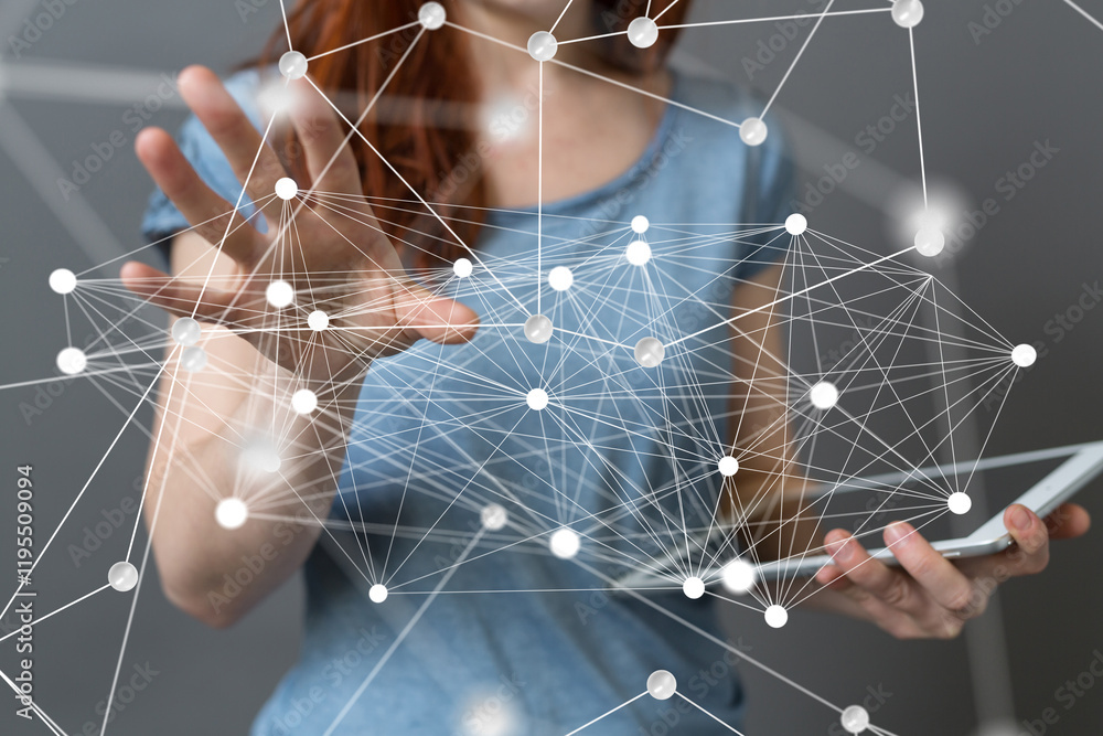 Poster neural network 3d illustration. big data and cybersecurity