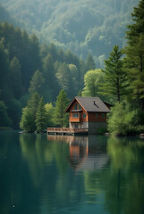 Obraz premium House in the forest near the lake against the background of green natural forest. Symbol of family, mortgage, real estate concept. Eco-friendly house.