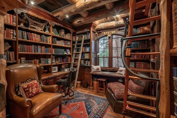 Cozy library with wooden shelves, books, a reading nook, and a warm atmosphere.