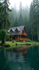 Obraz premium House in the forest near the lake against the background of green natural forest. Symbol of family, mortgage, real estate concept. Eco-friendly house.