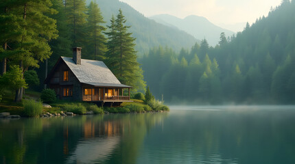 Fototapeta premium House in the forest near the lake against the background of green natural forest. Symbol of family, mortgage, real estate concept. Eco-friendly house.