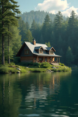Obraz premium House in the forest near the lake against the background of green natural forest. Symbol of family, mortgage, real estate concept. Eco-friendly house.