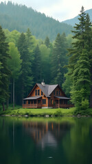 Obraz premium House in the forest near the lake against the background of green natural forest. Symbol of family, mortgage, real estate concept. Eco-friendly house.