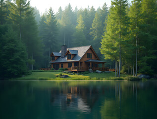 Fototapeta premium House in the forest near the lake against the background of green natural forest. Symbol of family, mortgage, real estate concept. Eco-friendly house.