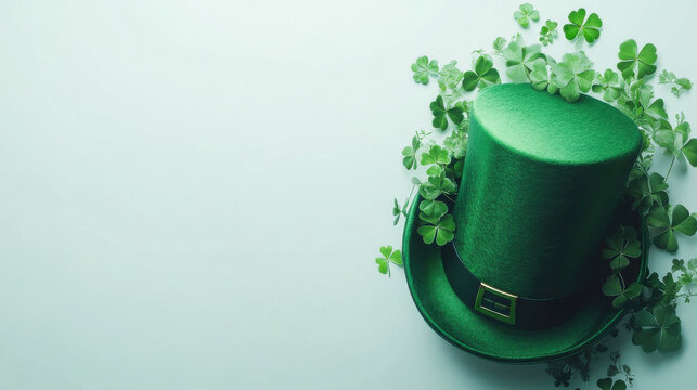 Green leprechaun hat surrounded by shamrocks on a soft background with ample copy space, perfect for St. Patrick’s Day promotions, greeting cards, or festive event designs