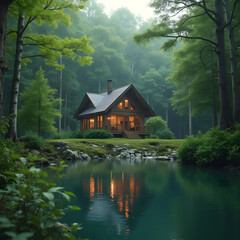 Fototapeta premium House in the forest near the lake against the background of green natural forest. Symbol of family, mortgage, real estate concept. Eco-friendly house.