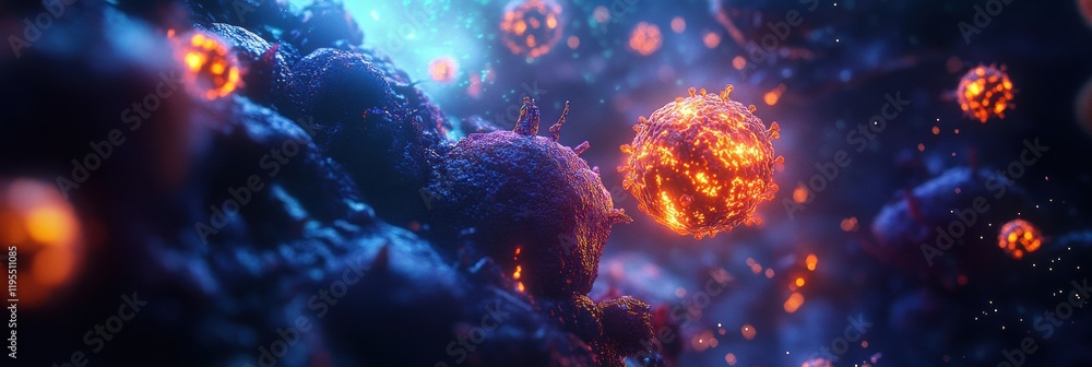 Poster glowing cell illuminated amidst numerous menacing viruses in a dynamic microscopic environment. gene