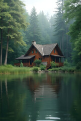 Obraz premium House in the forest near the lake against the background of green natural forest. Symbol of family, mortgage, real estate concept. Eco-friendly house.