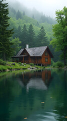 Obraz premium House in the forest near the lake against the background of green natural forest. Symbol of family, mortgage, real estate concept. Eco-friendly house.