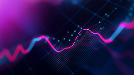 A glowing graph line with pink and blue neon colors on a dark grid background, representing financial data, analytics, or market trends