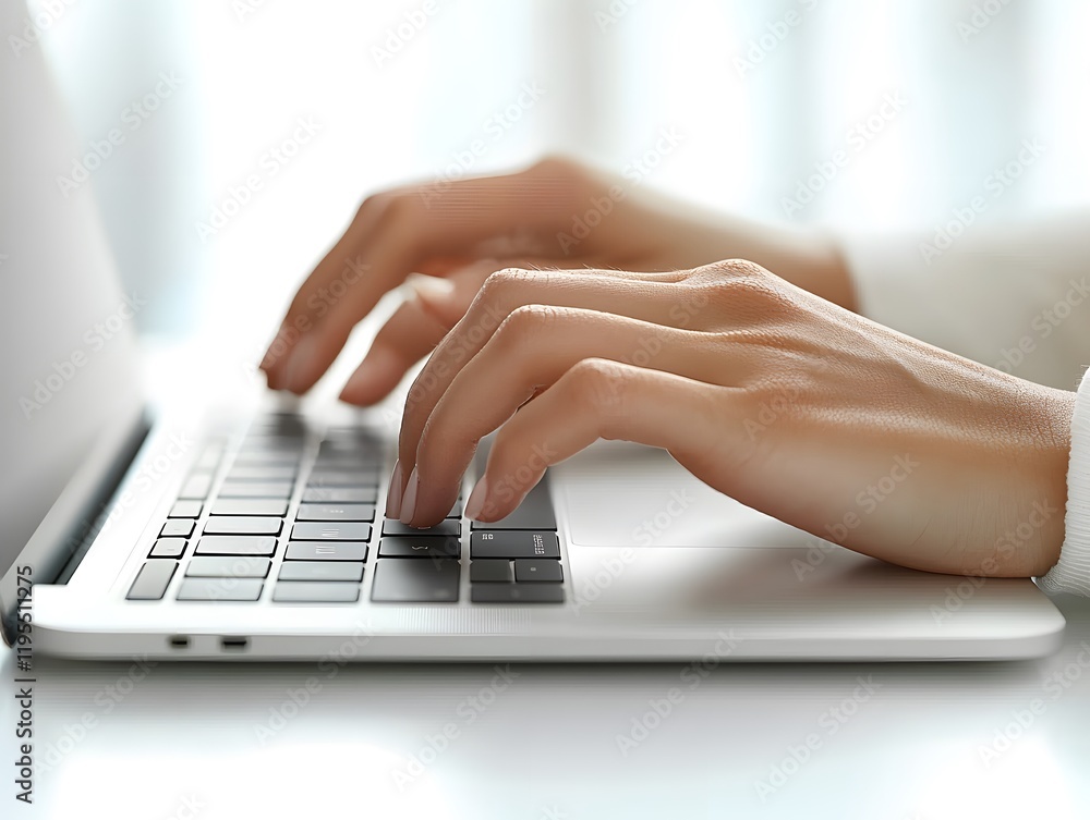Aufkleber close-up of a person's hands typing on a laptop keyboard in a bright and minimalistic office environ