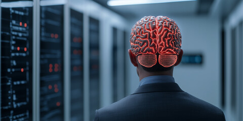 A business professional viewed from behind, with a glowing digital brain overlay, standing in a data server room symbolizing AI and innovation