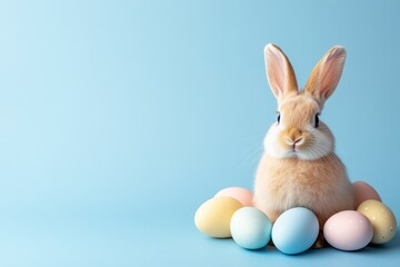 Beige rabbit on a blue background among Easter eggs. Easter and spring celebration concept. Spring-themed postcard with space for text